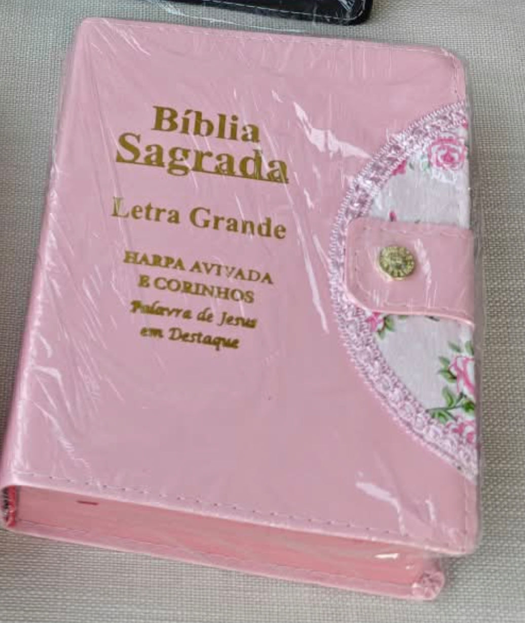 Biblia Sagrada - Gigante Botao Rosa e Caneta | ARC - João Ferreira de Almeida- Harpa e Índice por Cores - Acompanha caneta