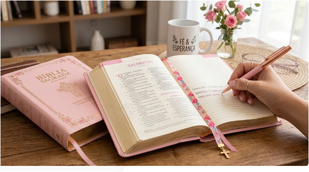 Biblia Sagrada - Gigante Botao Rosa e Caneta | ARC - João Ferreira de Almeida- Harpa e Índice por Cores - Acompanha caneta